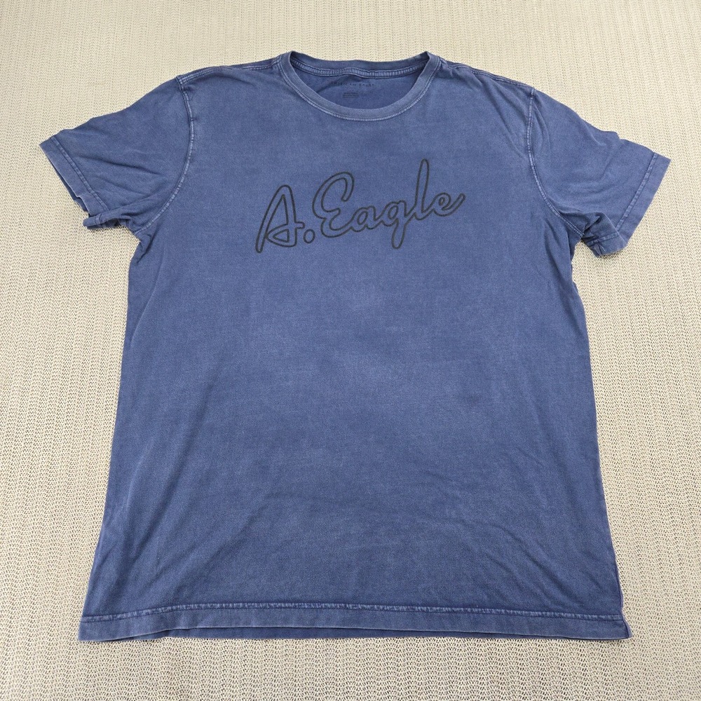 American Eagle Shirt Mens Large Blue Spellout Graphic Short Sleeve Preppy